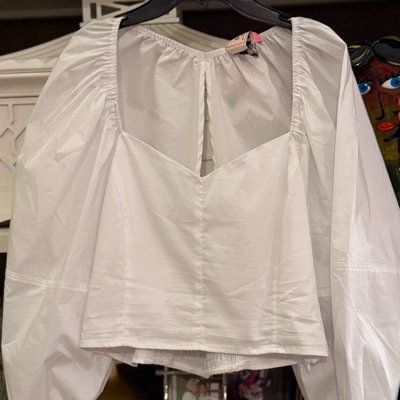Buru White Puff Sleeve Crop Open Back top blouse Large L - Picture 2 of 3